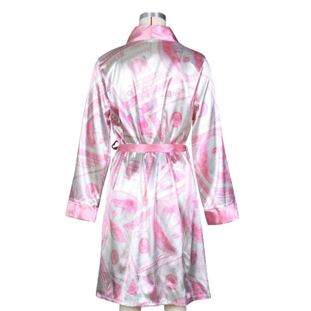 Silky Pink Money Print Kimono Robe New - Picture 3 of 3